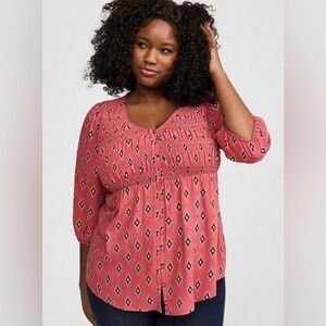 Torrid 0X Challis Smocked 3/4 sleeve babydoll top NWT